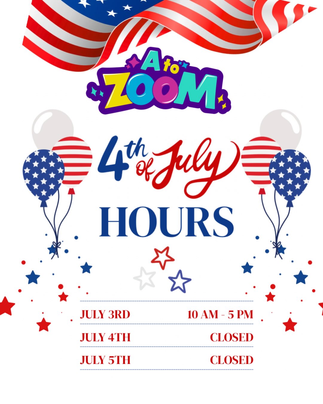 🎆🇺🇸4th of July Hours 🇺🇸🎆

FRIDAY 7/3: OPEN 10AM - 5PM 🛍️
SATURDAY 7/4: CLOSED
SUNDAY 7/5: