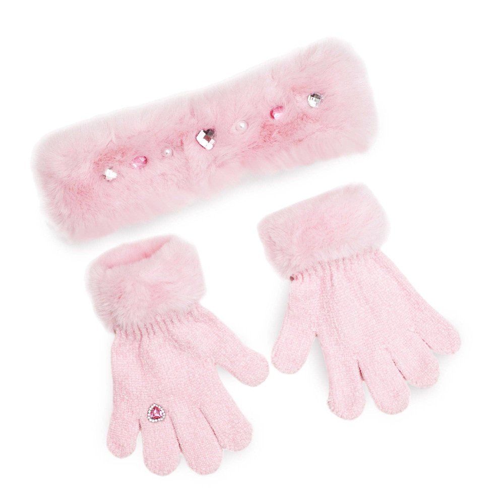 Rhinestone Plush Headband and Glove Winter Glam Set